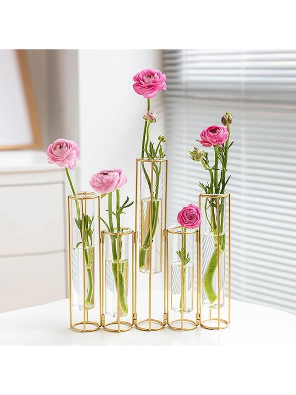 Elegant Glass Test Tube Vases Set of 5 with Metal Stand - Hydroponic Flower